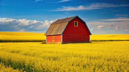 Classic red farm barn with a slanting perspective in a vibrant yellow field of canola flowers, canola, yellow field, countryside, bright, wooden, vibrant, agriculture, architectural
