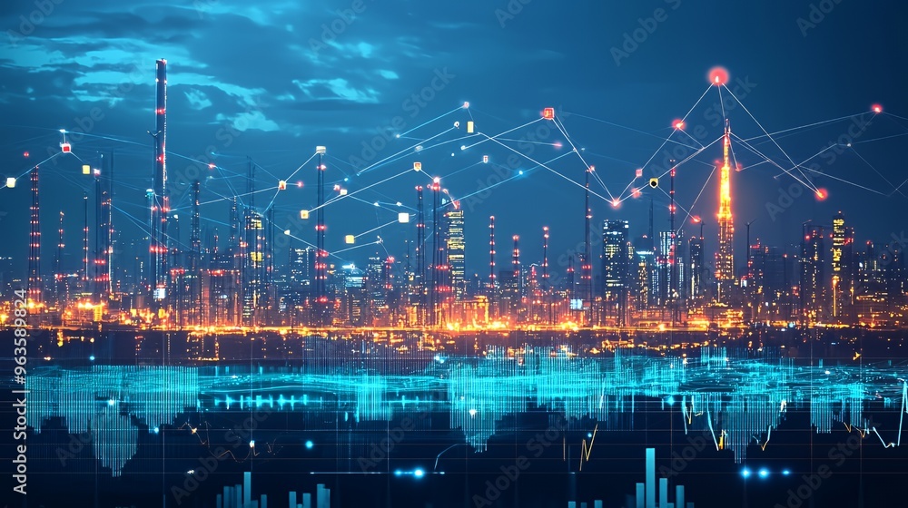 Poster night cityscape with glowing network and data visualization.
