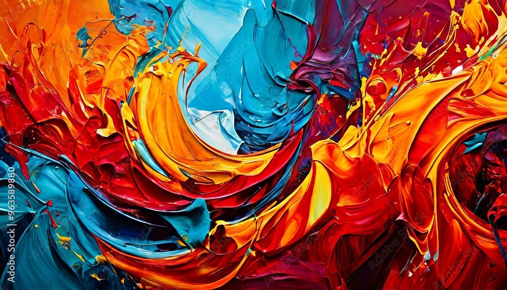 Poster a dynamic abstract artwork featuring vibrant swirling patterns of red, blue, yellow, and orange pain