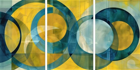 Obraz premium Geometric Abstract Wall Art Panels with Yellow and Blue Circles. AI generated illustration.