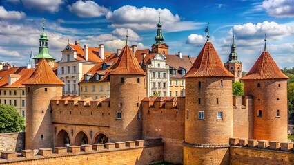 Fototapeta premium Fortified medieval outpost known as the Warsaw barbican captured in an extreme close up shot, castle, defensive wall, historical architecture, fortification, military, urban