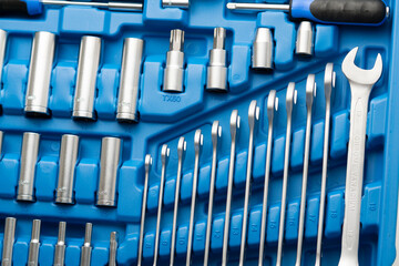 open ended wrench set in a toolbox, close up