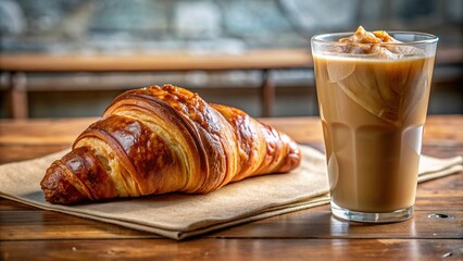 iced coffee, pastry, delicious, local, breakfast, A close up photo of a freshly baked croissant resting next to a cold cup of iced coffee at a charming local bakery in Raleigh North Carolina