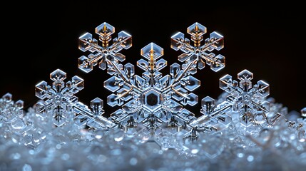 Fototapeta premium A close-up of a snowflake with intricate details against a dark background. The snowflake is surrounded by other snowflakes, creating a beautiful and delicate pattern.