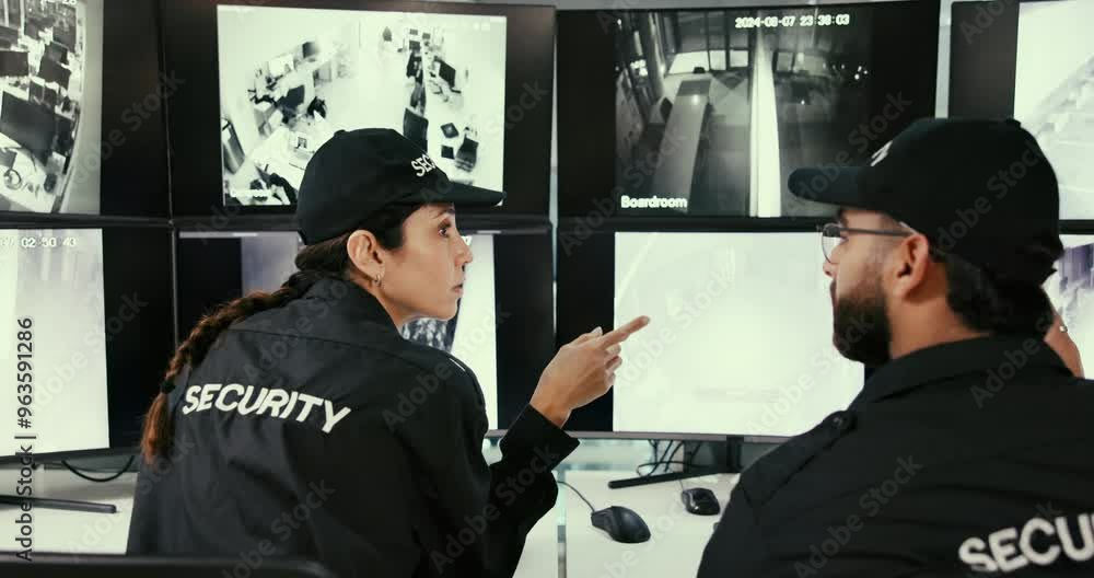 Poster security team, monitor and woman in control room with system for safety, protection or protocol. com