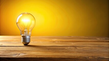 innovation, nature, electricity,glowing, idea, environment, power, wooden table, sustainable, Glowing light bulb illuminating a wooden table against a yellow background at eye level - Powered by Adobe