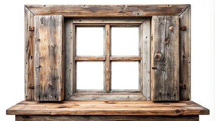 aged, nostalgia, design, forced perspective, architecture, old, A close up photograph of a vintage weathered wooden window placed on a white background with forced perspective