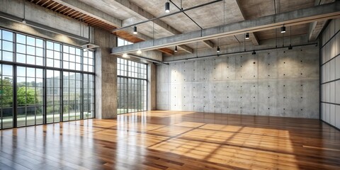 Concrete wall and wooden floor in a modern industrial interior setting