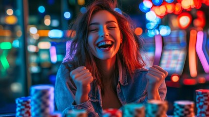 Obraz premium A young woman celebrates with joy at a casino. Bright lights and colorful chips surround her. The energetic atmosphere captures the excitement of gaming. A perfect moment for casino enthusiasts. AI.