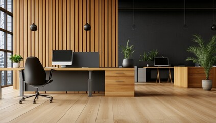 Bright Modern Office with Desks and Wooden Paneling