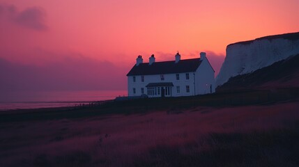 Golden sunset over the house on the cliff