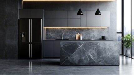 Modern Kitchen with Black and Marble Design