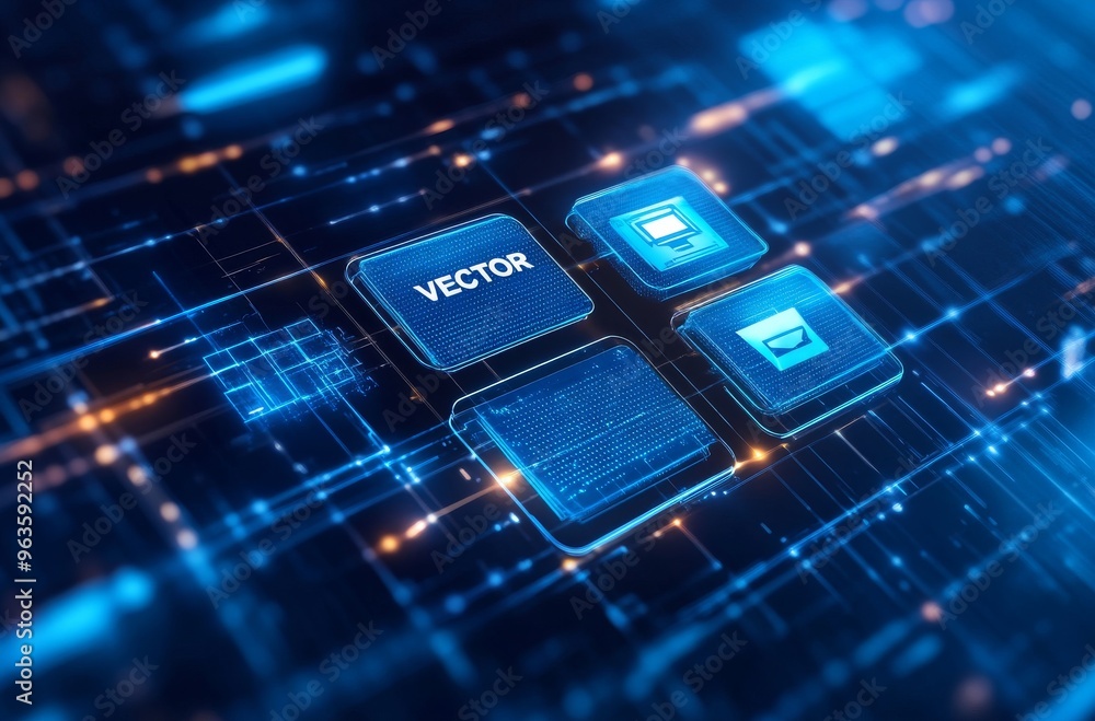 Poster futuristic digital interface with glowing blue elements and data nodes