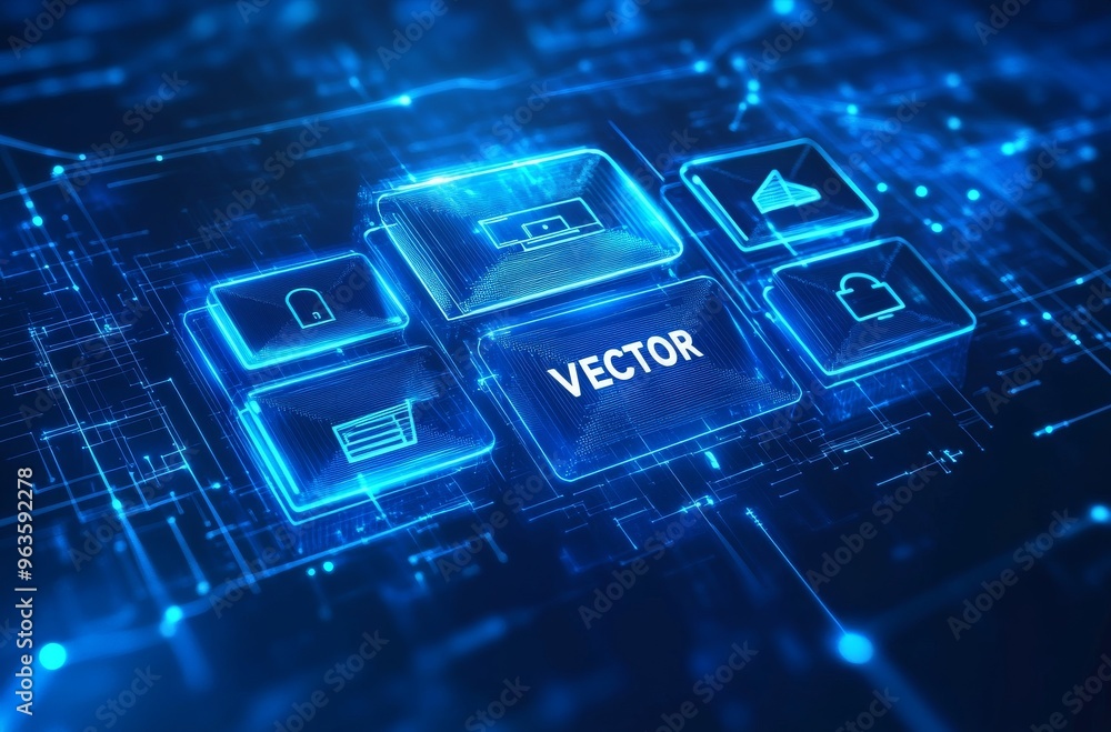 Poster futuristic digital interface with glowing blue rectangles and technological elements