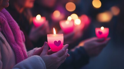 Woman Holding a Pink Heart-Shaped Candle with Other People in the Background
