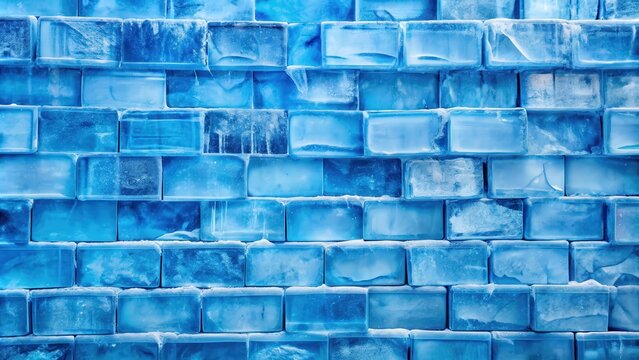 Background of textured blue ice bricks and blocks creating a cool and icy wall