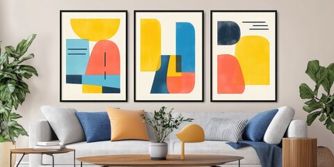 Geometric Abstract Art in Yellow, Blue, and Cyan Shapes. AI generated illustration.