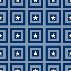 Abstract seamless vector pattern with white striped squares and white five pointed stars. Independence day geometric background suitable for prints, decoration, wrapping paper and fabrics.
