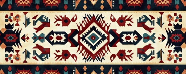 Intricate aztec-inspired geometric pattern with vibrant colors and distressed texture