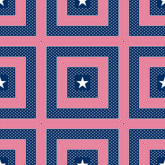Abstract seamless vector pattern with red striped squares and white five pointed stars. Independence day geometric background suitable for prints, decoration, wrapping paper and fabrics.