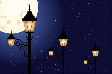 Streetlights lamppost night with big moon and stars