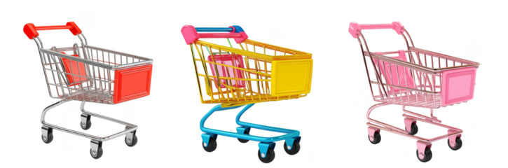 Colorful shopping carts in pink, yellow, and blue for retail and supermarket use transparent background