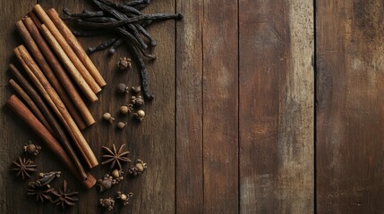 Front top view of a warm, aged wooden tabletop with horizontal grain. On the left, display intact cinnamon sticks, cloves, and vanilla pods. The right side of the tabletop is clear with no other