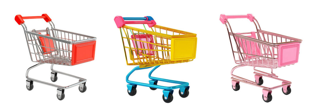 Colorful shopping carts in pink, yellow, and blue for retail and supermarket use transparent background