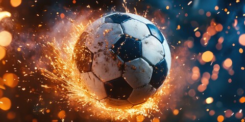 Fototapeta premium Soccer ball with explosive fireworks. Soccer match, victory celebration, sports dynamics, team spirit, sports event, explosion of emotions. AI generated illustration