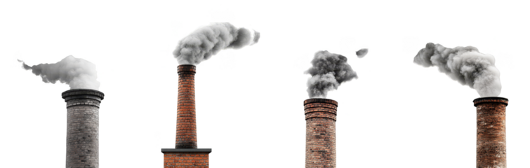 Industrial chimneys emitting smoke for pollution and environmental issues transparent background	