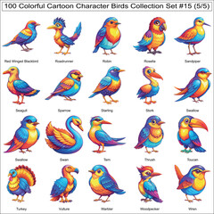 Obraz premium Colorful Cartoon Character Birds Collection Set of 100 Isolated Animals Part 5