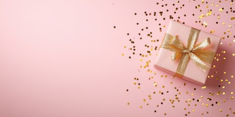Fototapeta premium Abstract background with a gift and scattered gold confetti on a pink backdrop