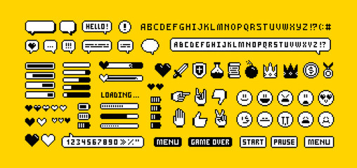 Perfect pixel icons of 8-bit game props, chat, download bar, office icons, gestures and cursors.  Game loot and awards pixel art. Retro Game pixel icons set in 80s - 90s style set 5. Editable vector