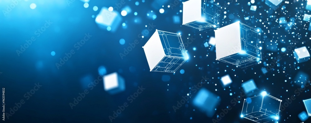 Poster abstract digital blockchain network concept with glowing blue cubes on a dark background