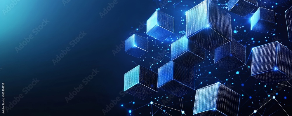 Poster abstract blockchain technology background with glowing blue cubes and digital connection lines