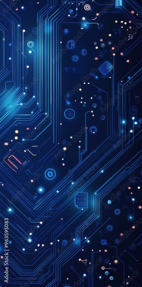 Poster abstract blue digital circuit board background with glowing lines and dots