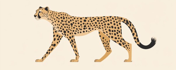 Stylized cheetah walking with simple lines and flat colors in a minimalist design