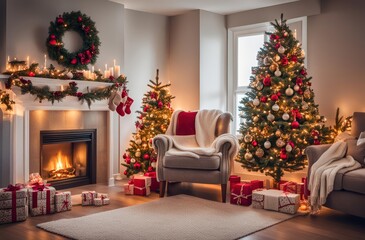 Christmas-themed living room with a decorated tree, gifts, and a roaring fire
