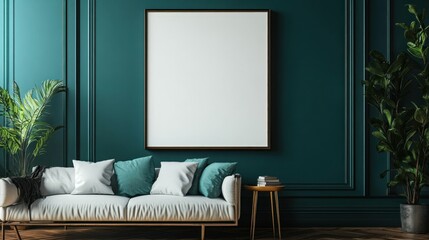 Modern Living Room with Emerald Green Walls and a White Sofa