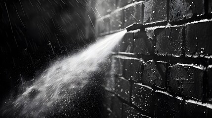 Water Spraying Against a Brick Wall in Black and White