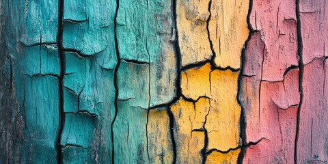 Vibrant Abstract Wood Texture with Multicolored Cracks, Ideal for Artistic and Design Projects. AI generated illustration