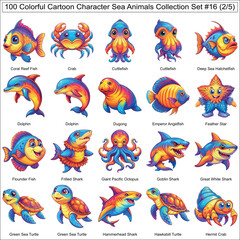 Fototapeta premium Colorful Cartoon Character Sea Animals Collection Set of 100 Isolated Animals Part 2