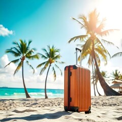Obraz premium Dreaming of a tropical getaway, an orange suitcase stands ready on a pristine sandy beach under a vibrant blue sky with swaying palm trees