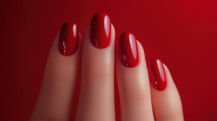 Elegant red manicure showcasing shiny nails against a vibrant red background, perfect for beauty and fashion themes. high quality