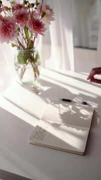Faceless aesthetic journaling video, hand writing in notebook, business and social media background