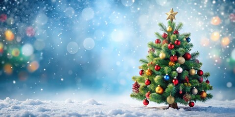 Fototapeta premium Christmas tree with festive decorations on a snowy background