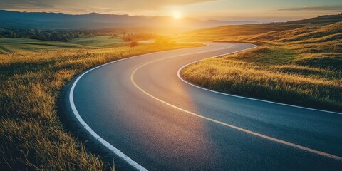 Naklejka premium Winding road to success with signpost illustration, symbolizing motivation, goal setting, achievement journey, career progress, personal growth, and long-term ambition. AI generated illustration.