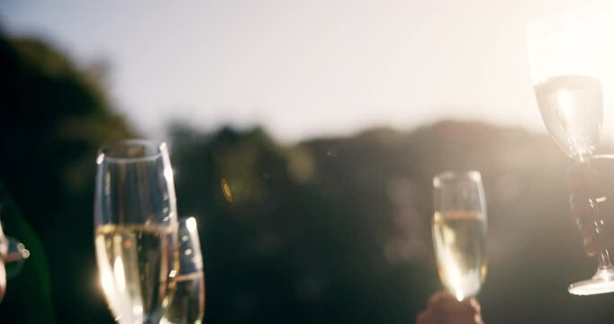 Happy, friends and hands toast with champagne, having fun and bonding at sunset. Party, group and people cheers with wine glass, alcohol and drink for celebration relax on holiday or summer vacation