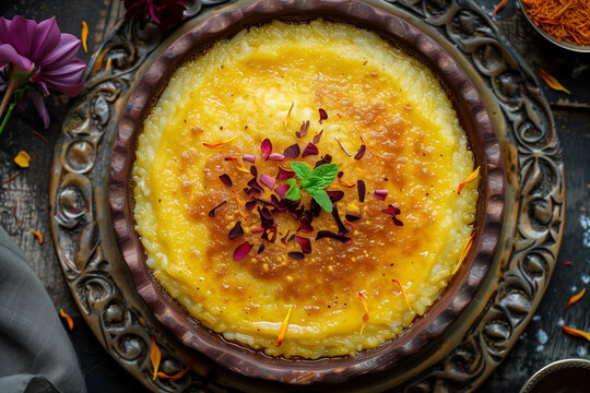 Zerde original rice pudding with saffron, top view