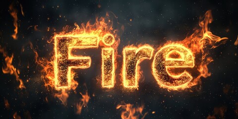 Blazing flames form the word "Fire" on a dark background, symbolizing intense heat and energy. Perfect for concepts of danger, power, and warmth. AI generated illustration.